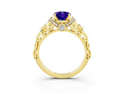 Yellow gold Oval Cut Tanzanite Solitaire Ring with Filigree Band and Four-Prong Setting_27