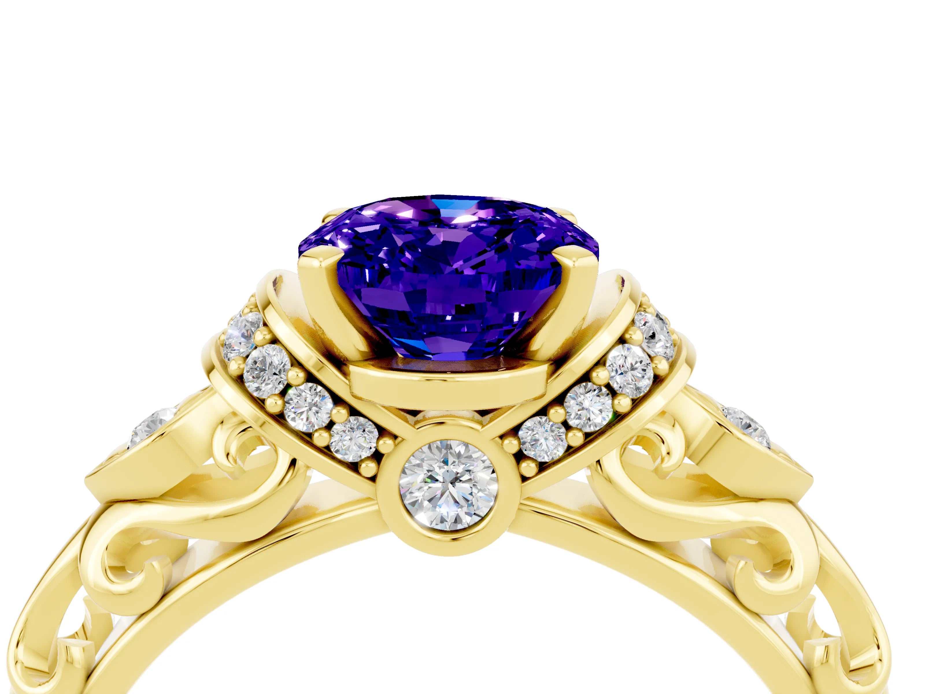 Yellow gold Oval Cut Tanzanite Solitaire Ring with Filigree Band and Four-Prong Setting_28