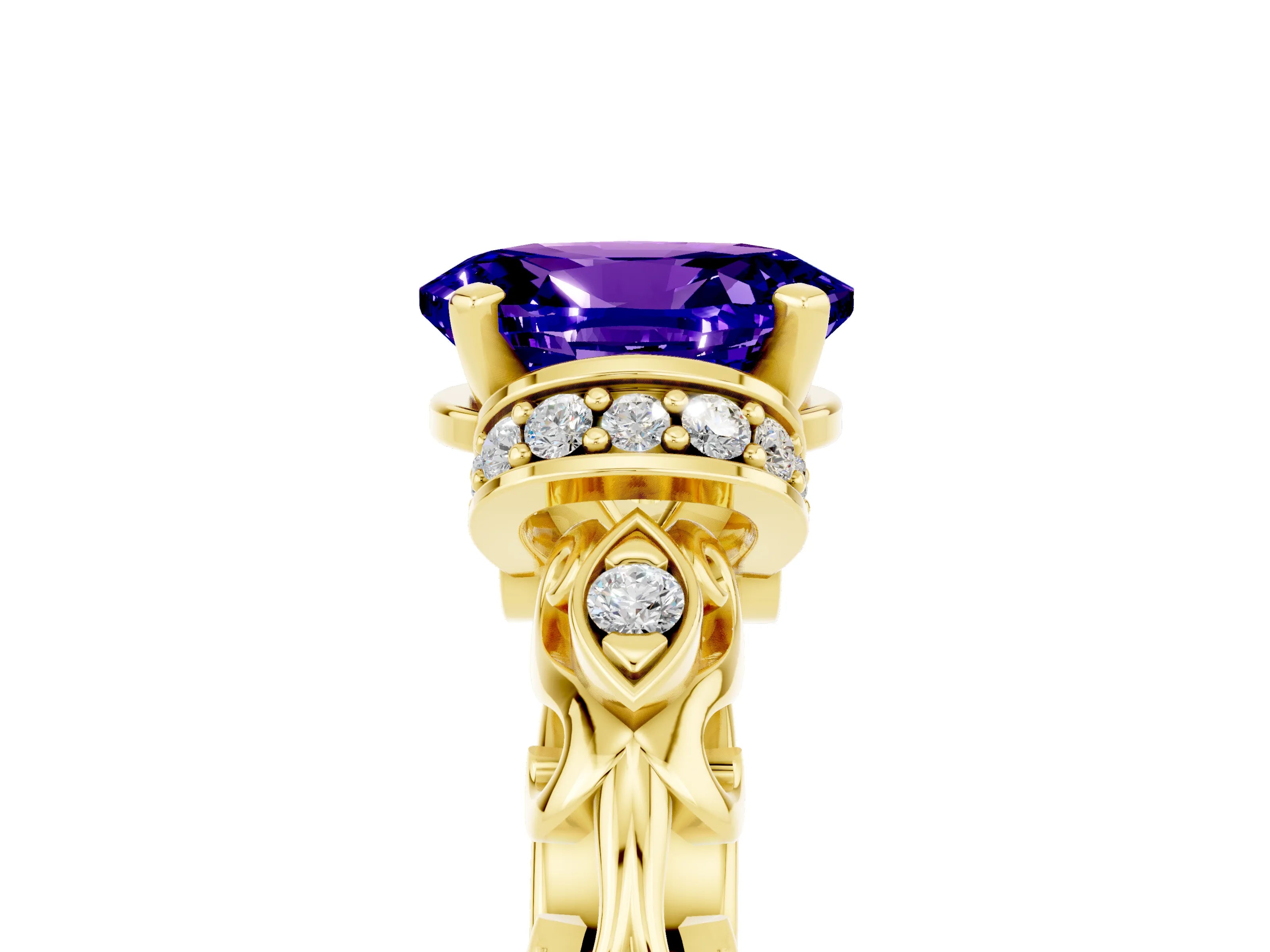 Yellow gold Oval Cut Tanzanite Solitaire Ring with Filigree Band and Four-Prong Setting_29