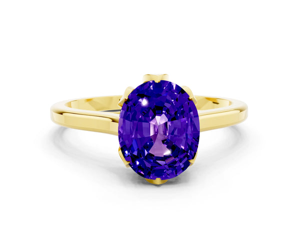 Yellow gold Oval Cut Tanzanite Solitaire Ring with Flower Prong Setting and Classic Band