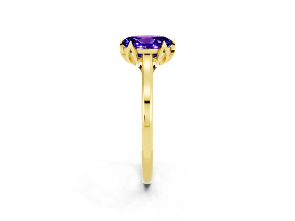 Yellow gold Oval Cut Tanzanite Solitaire Ring with Flower Prong Setting and Classic Band