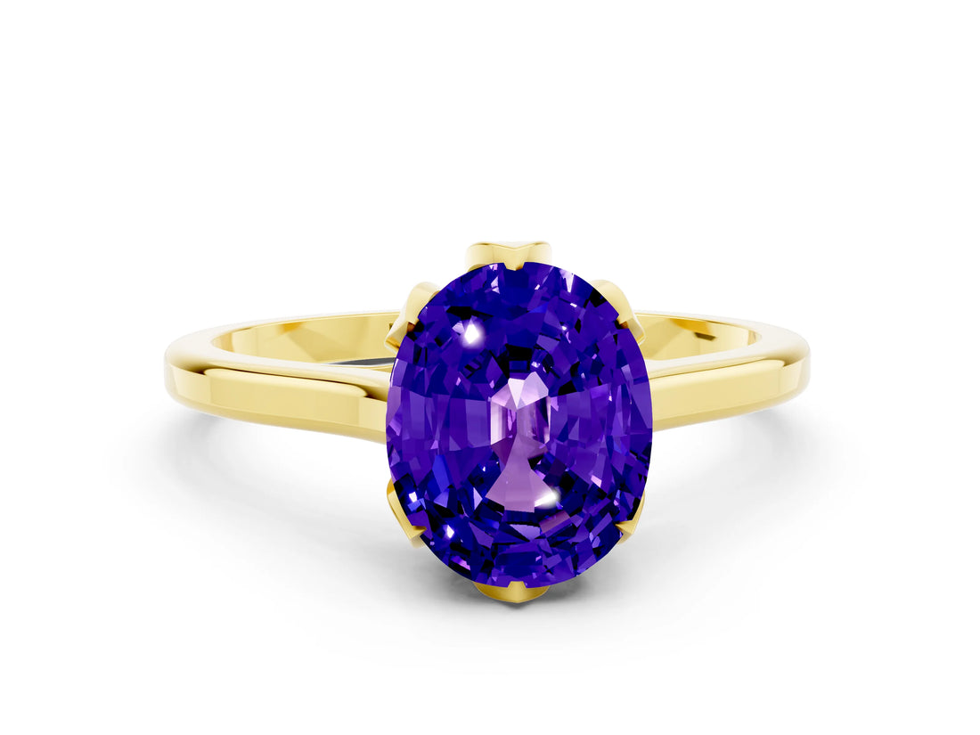 Yellow gold Oval Cut Tanzanite Solitaire Ring with Flower Prong Setting and Classic Band_36