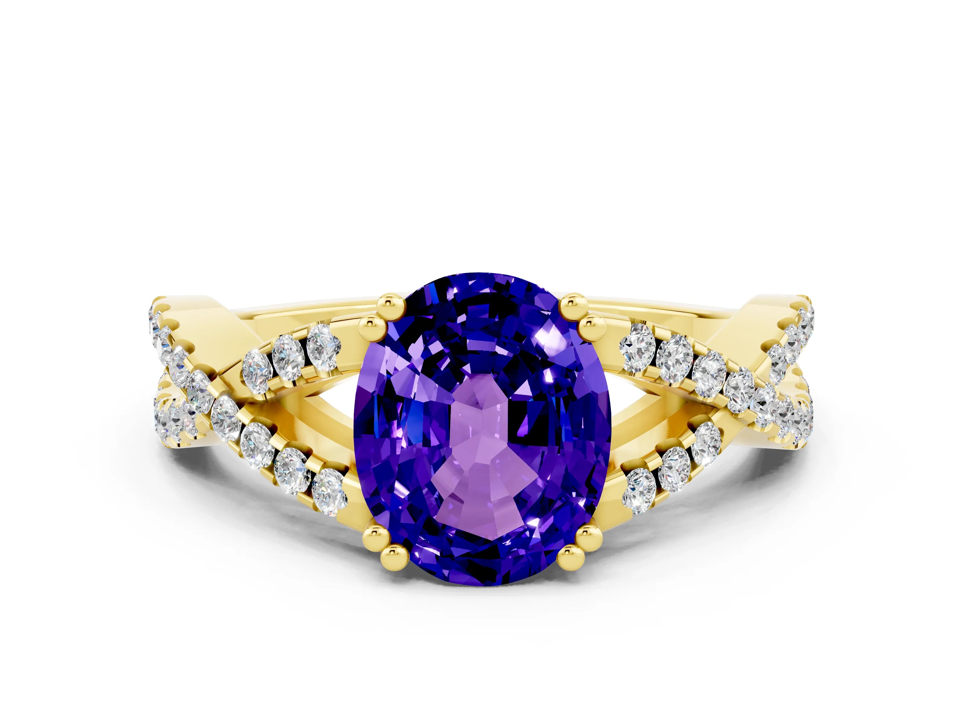 Yellow gold Oval Cut Tanzanite Solitaire Ring with Four-Prong Setting and Twisted Pavé Band