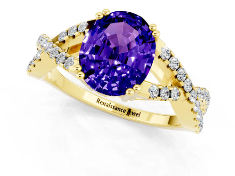 Yellow gold Oval Cut Tanzanite Solitaire Ring with Four-Prong Setting and Twisted Pavé Band_1