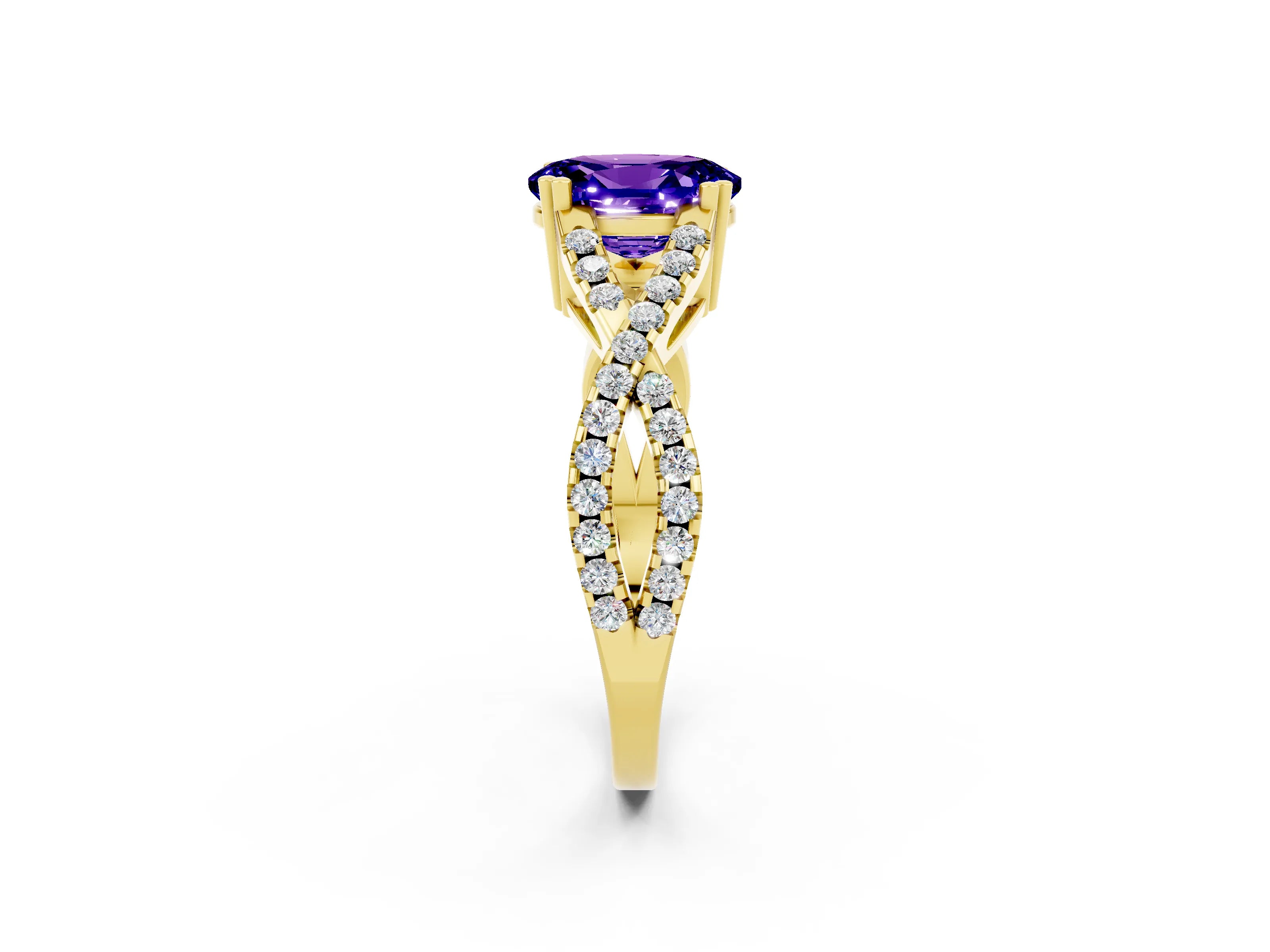 Yellow gold Oval Cut Tanzanite Solitaire Ring with Four-Prong Setting and Twisted Pavé Band_2