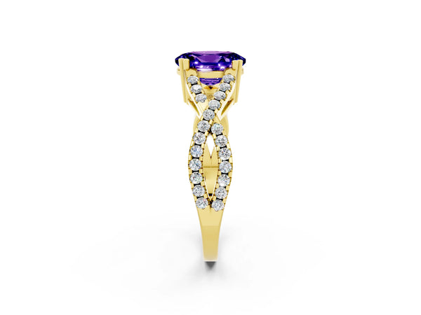 Yellow gold Oval Cut Tanzanite Solitaire Ring with Four-Prong Setting and Twisted Pavé Band