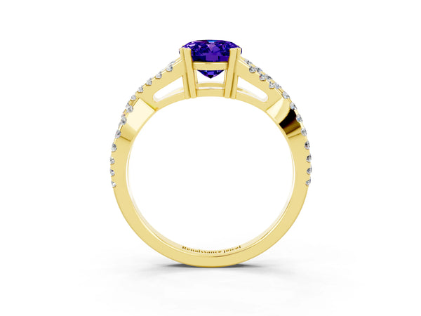 Yellow gold Oval Cut Tanzanite Solitaire Ring with Four-Prong Setting and Twisted Pavé Band