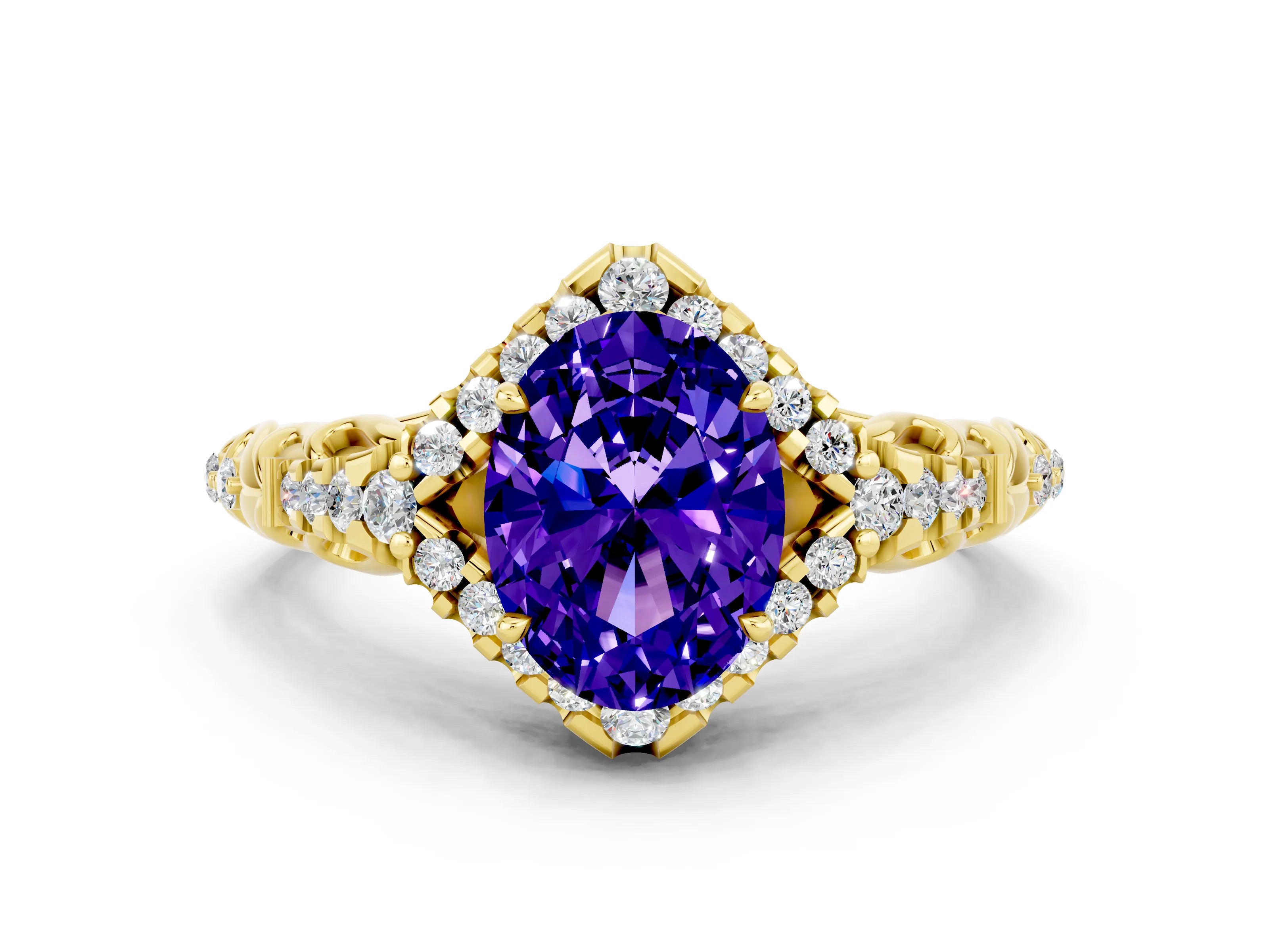 Yellow gold Oval Cut Tanzanite Solitaire Ring with Hidden Halo and Pavé Band_12