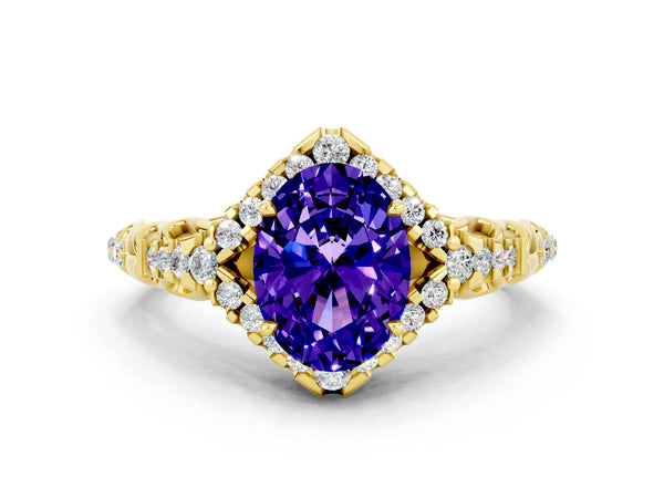Yellow gold Oval Cut Tanzanite Solitaire Ring with Hidden Halo and Pavé Band
