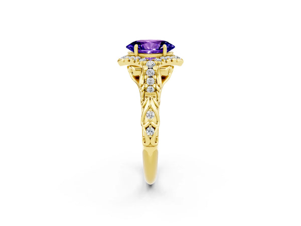 Yellow gold Oval Cut Tanzanite Solitaire Ring with Hidden Halo and Pavé Band