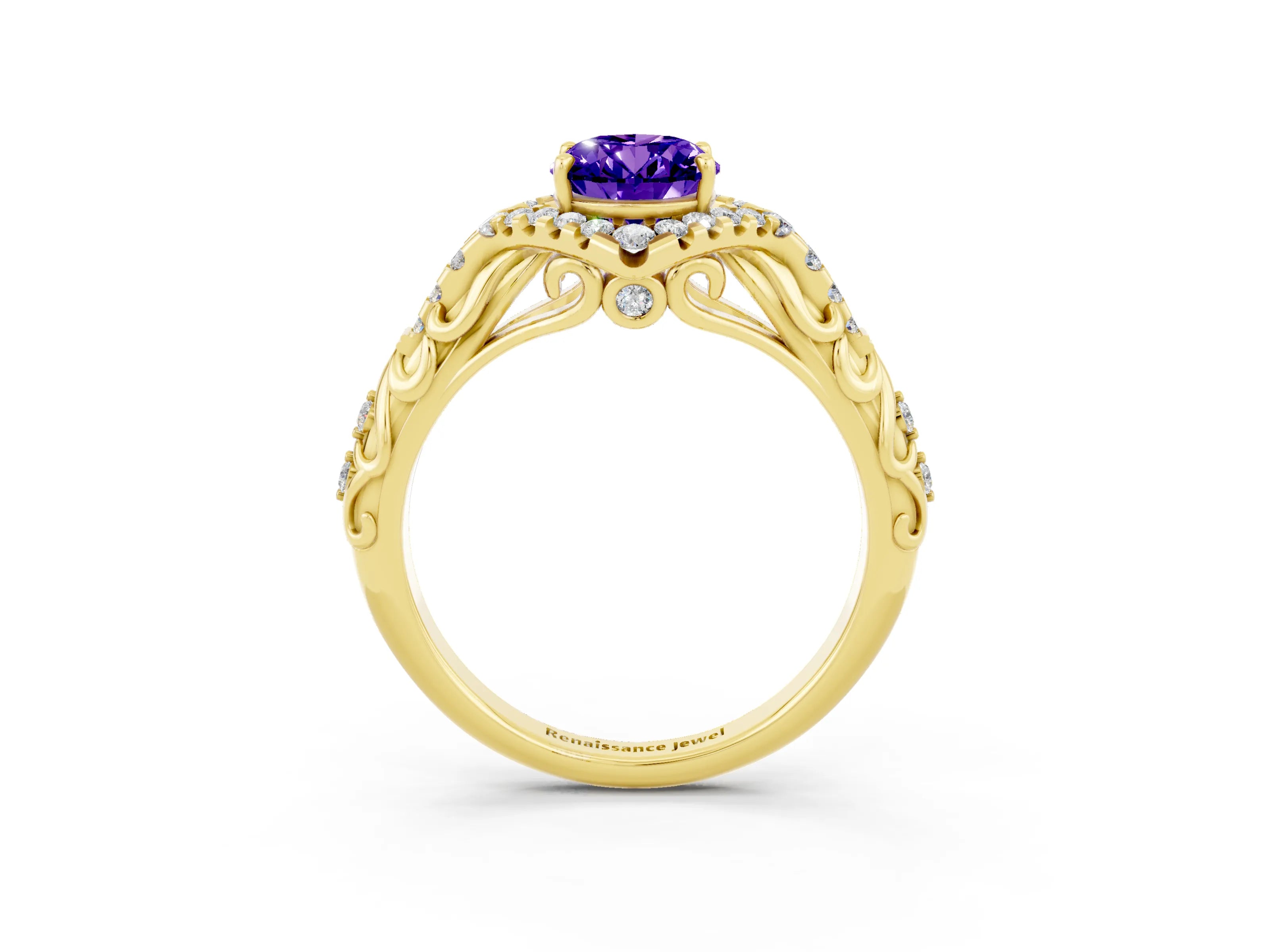 Yellow gold Oval Cut Tanzanite Solitaire Ring with Hidden Halo and Pavé Band_15