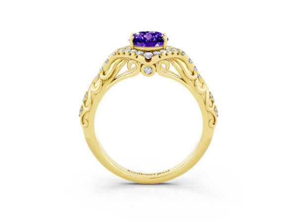 Yellow gold Oval Cut Tanzanite Solitaire Ring with Hidden Halo and Pavé Band