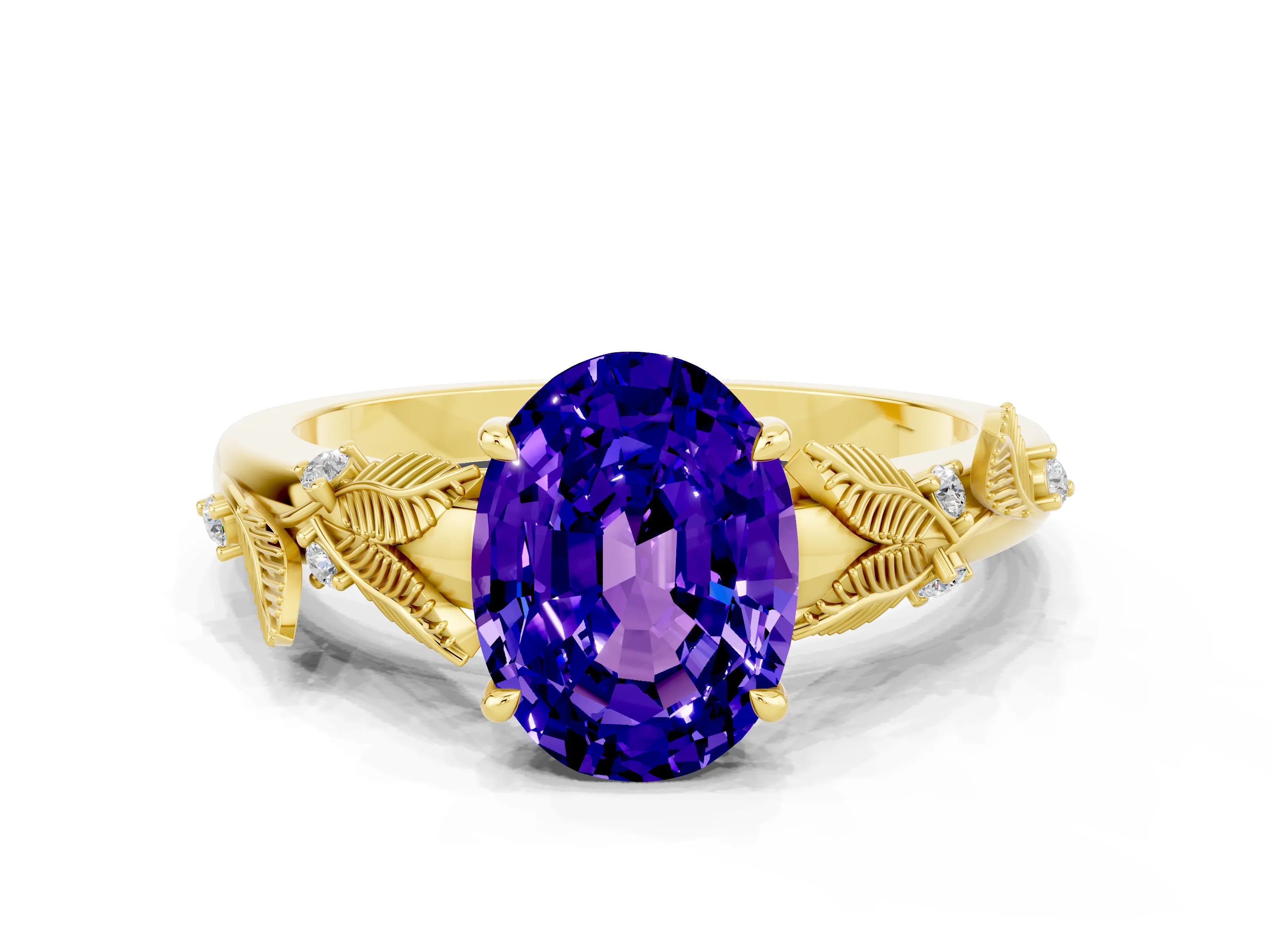 Yellow gold Oval Cut Tanzanite Solitaire Ring with Leaf Motif Band and Four-Prong Setting
