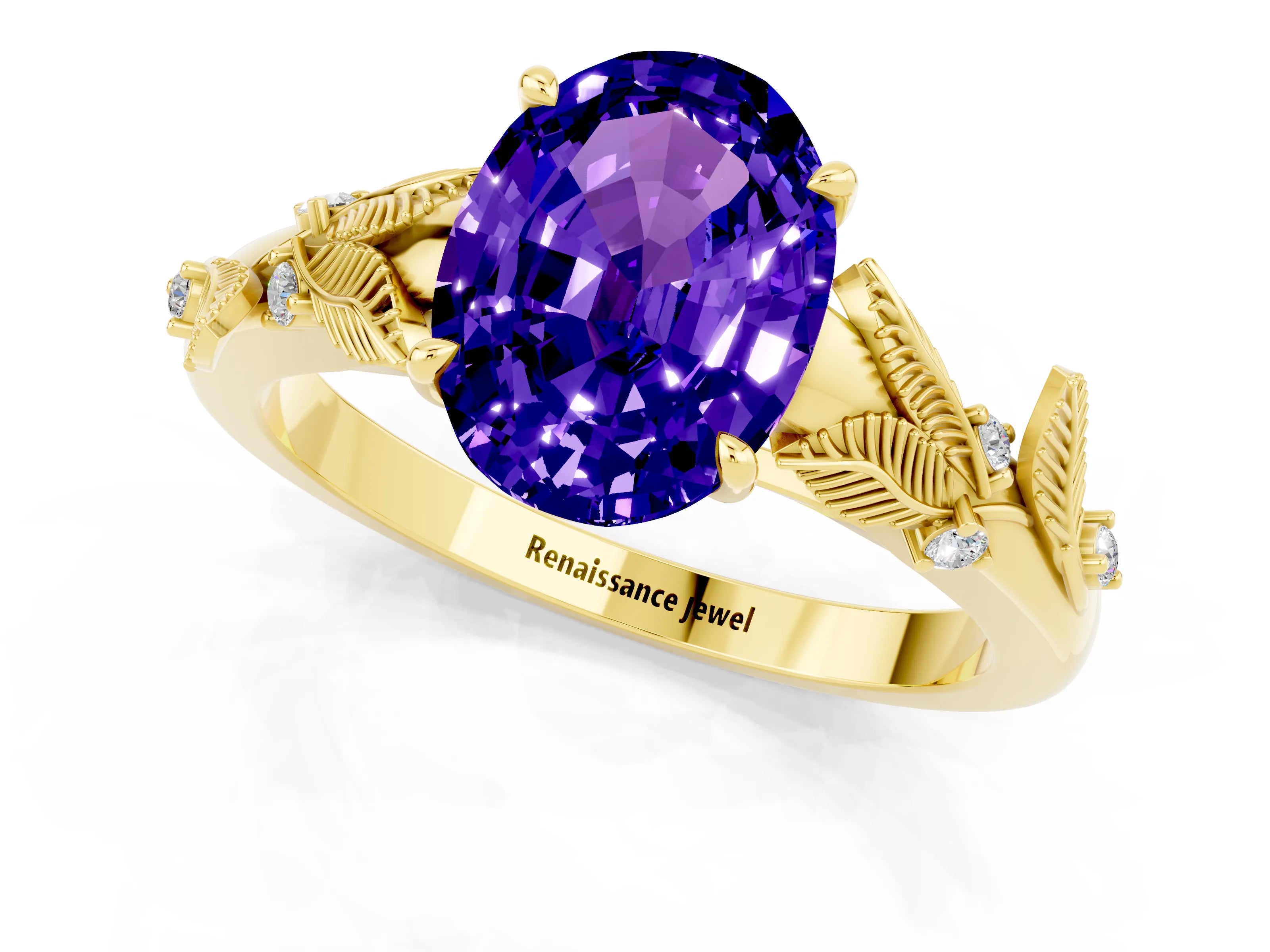 Yellow gold Oval Cut Tanzanite Solitaire Ring with Leaf Motif Band and Four-Prong Setting_1