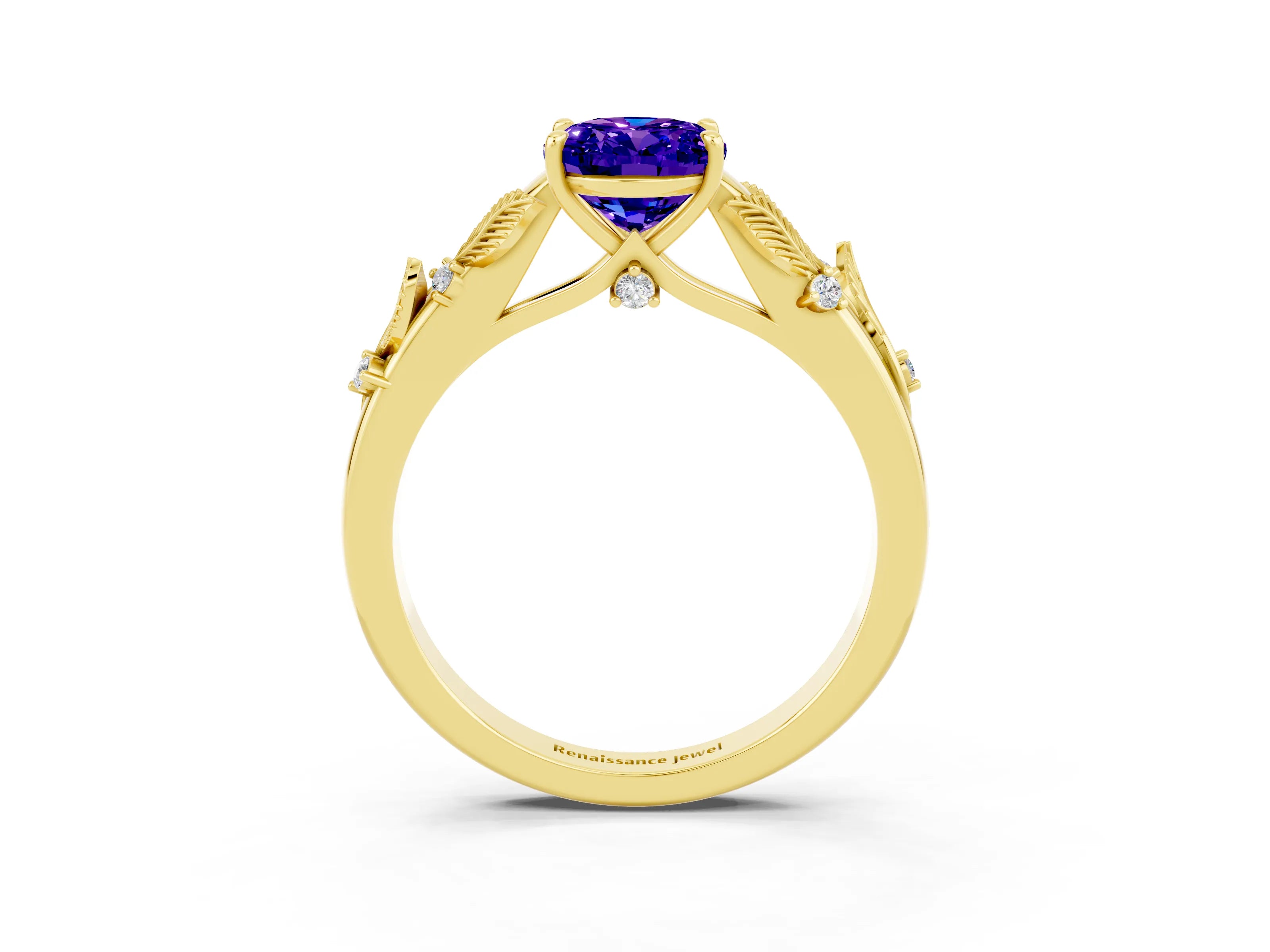Yellow gold Oval Cut Tanzanite Solitaire Ring with Leaf Motif Band and Four-Prong Setting_3