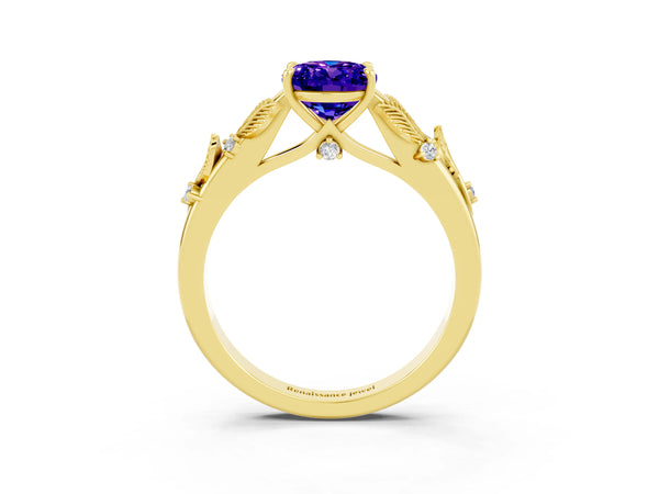 Yellow gold Oval Cut Tanzanite Solitaire Ring with Leaf Motif Band and Four-Prong Setting