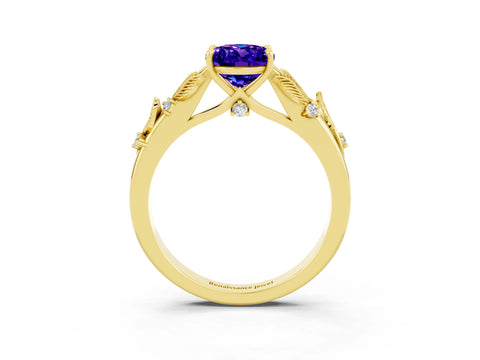 Yellow gold Oval Cut Tanzanite Solitaire Ring with Leaf Motif Band and Four-Prong Setting_3