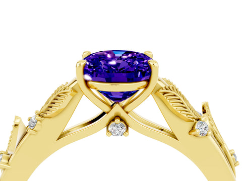 Yellow gold Oval Cut Tanzanite Solitaire Ring with Leaf Motif Band and Four-Prong Setting_4