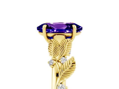 Yellow gold Oval Cut Tanzanite Solitaire Ring with Leaf Motif Band and Four-Prong Setting_5