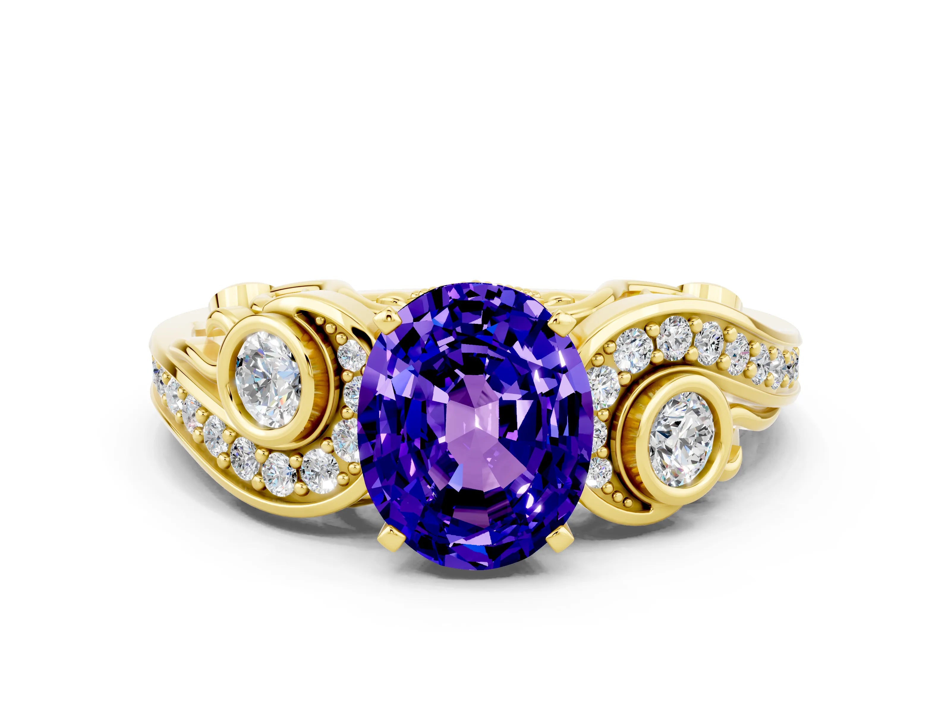 Yellow gold Oval Cut Tanzanite Solitaire Ring with Milgrain Pavé Band and Four-Prong Setting_24
