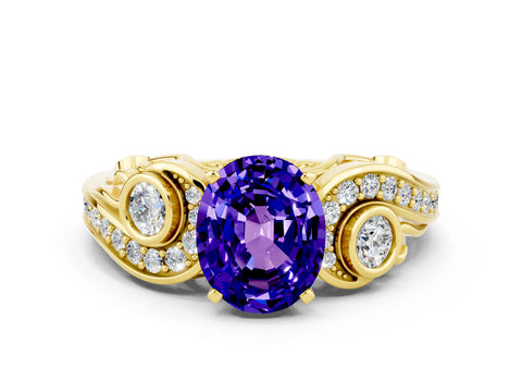 Yellow gold Oval Cut Tanzanite Solitaire Ring with Milgrain Pavé Band and Four-Prong Setting_24