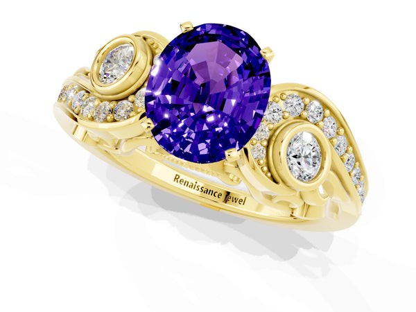 Yellow gold Oval Cut Tanzanite Solitaire Ring with Milgrain Pavé Band and Four-Prong Setting