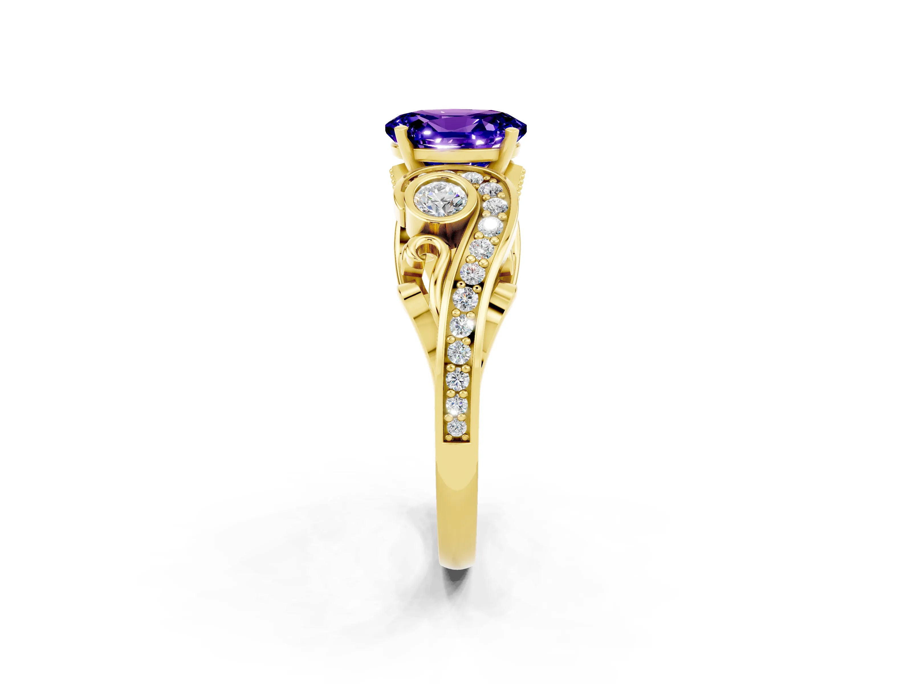 Yellow gold Oval Cut Tanzanite Solitaire Ring with Milgrain Pavé Band and Four-Prong Setting_26