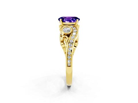 Yellow gold Oval Cut Tanzanite Solitaire Ring with Milgrain Pavé Band and Four-Prong Setting_26