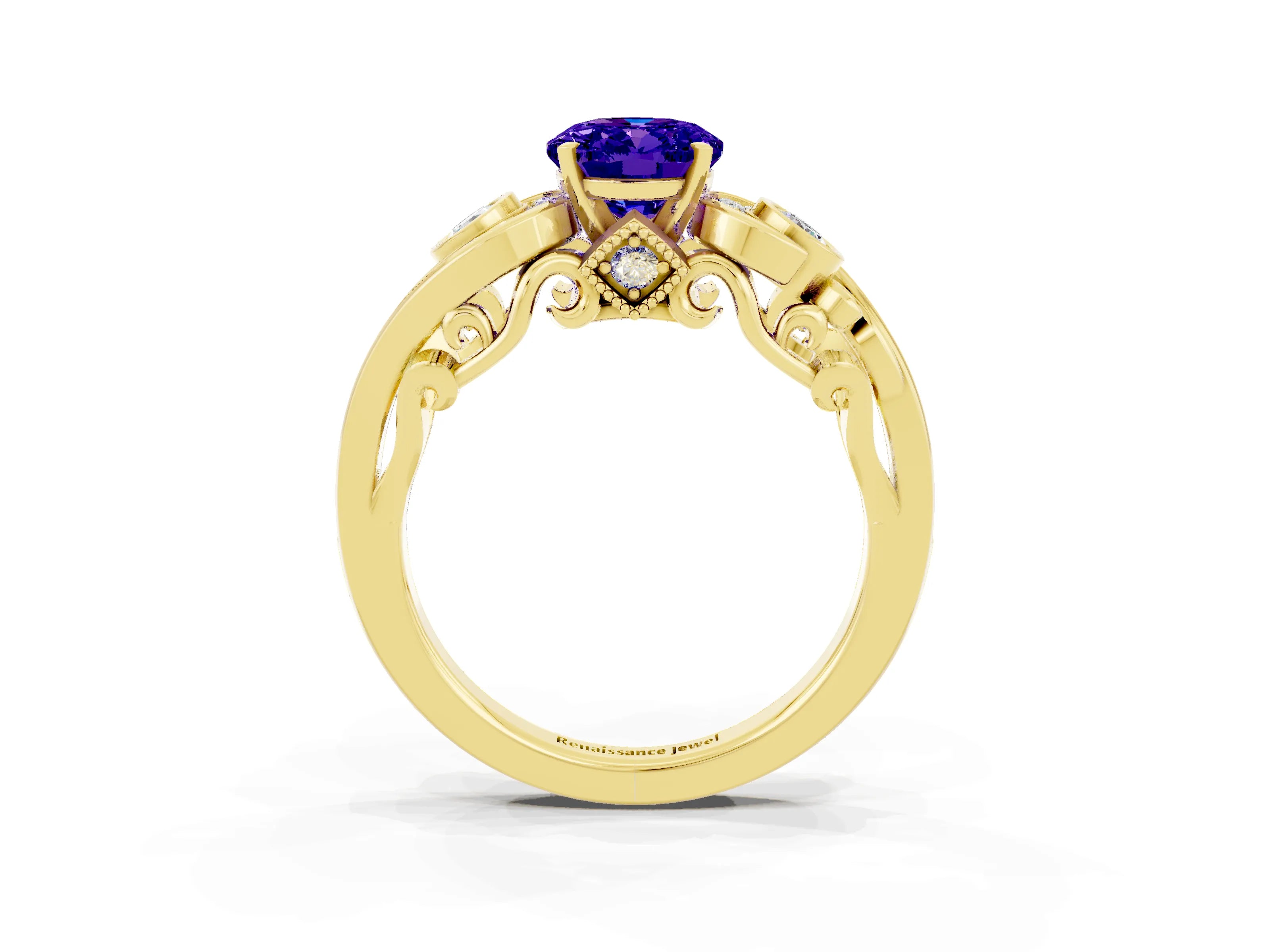 Yellow gold Oval Cut Tanzanite Solitaire Ring with Milgrain Pavé Band and Four-Prong Setting_27