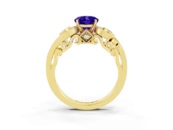 Yellow gold Oval Cut Tanzanite Solitaire Ring with Milgrain Pavé Band and Four-Prong Setting