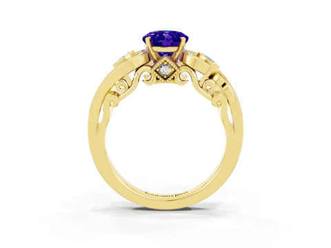 Yellow gold Oval Cut Tanzanite Solitaire Ring with Milgrain Pavé Band and Four-Prong Setting_27