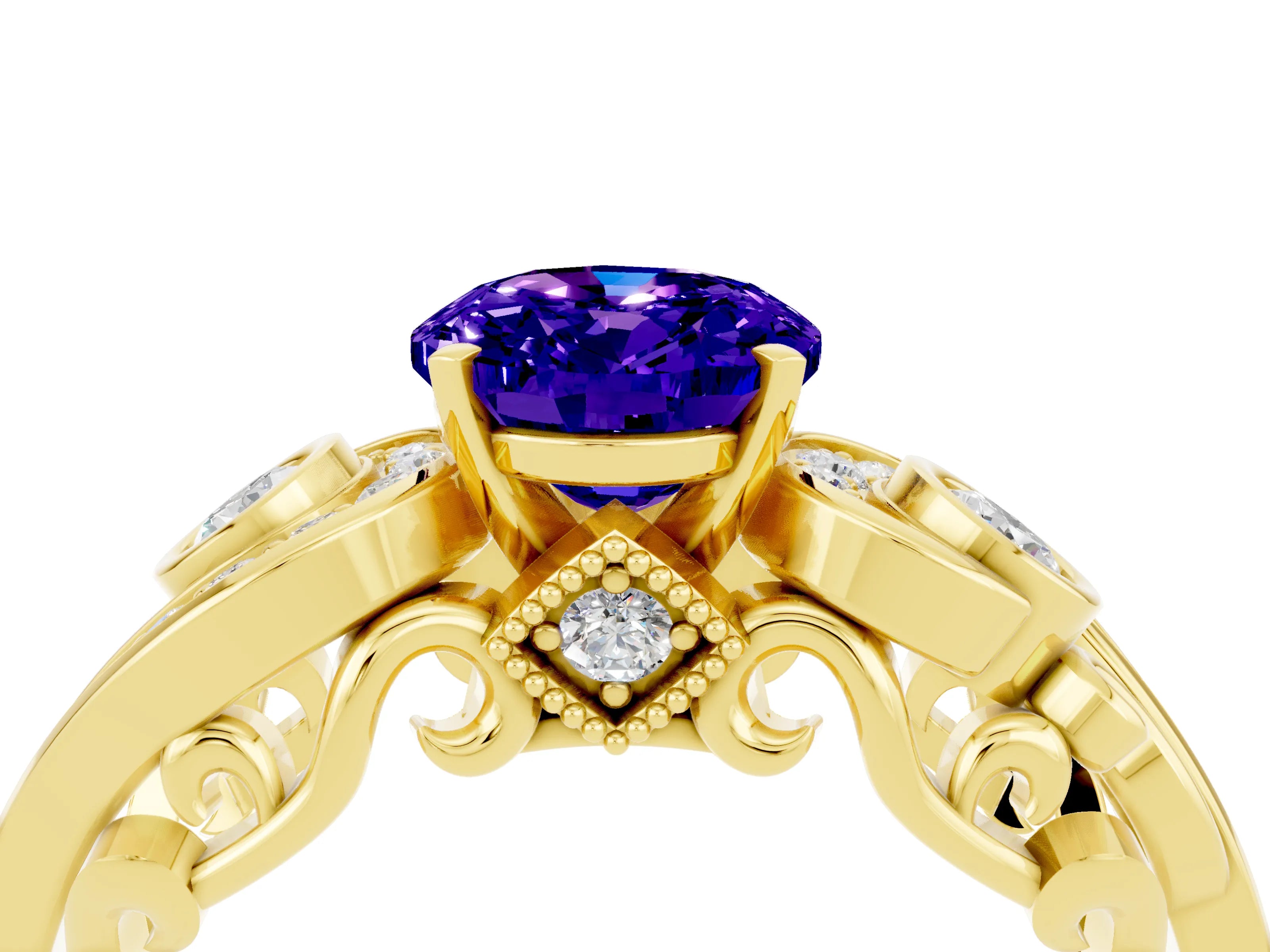 Yellow gold Oval Cut Tanzanite Solitaire Ring with Milgrain Pavé Band and Four-Prong Setting_28