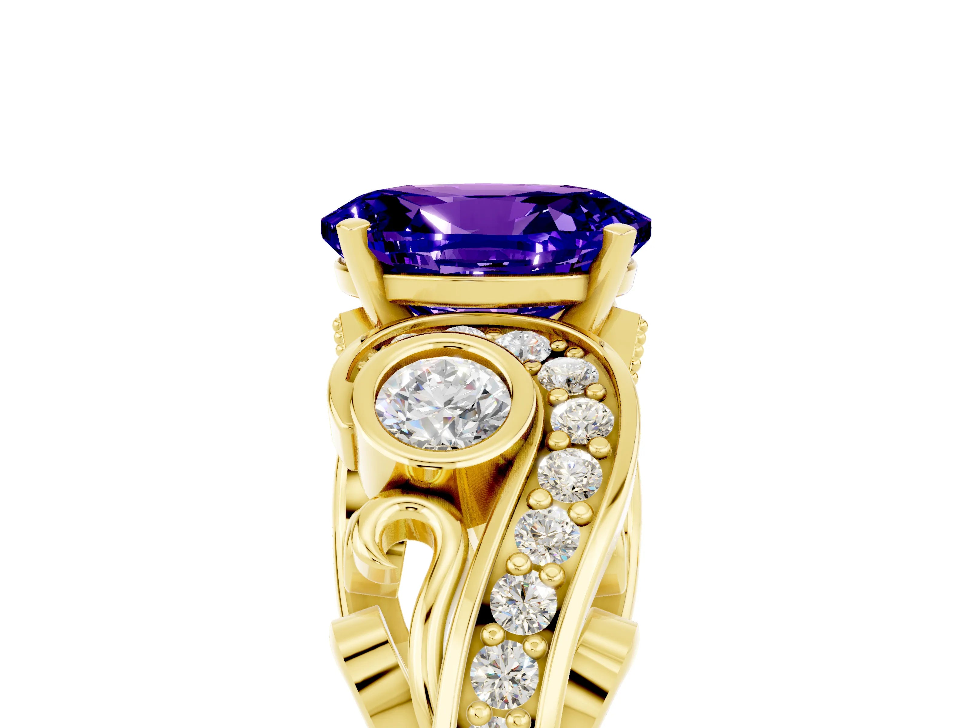Yellow gold Oval Cut Tanzanite Solitaire Ring with Milgrain Pavé Band and Four-Prong Setting_29