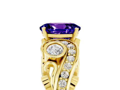 Yellow gold Oval Cut Tanzanite Solitaire Ring with Milgrain Pavé Band and Four-Prong Setting_29