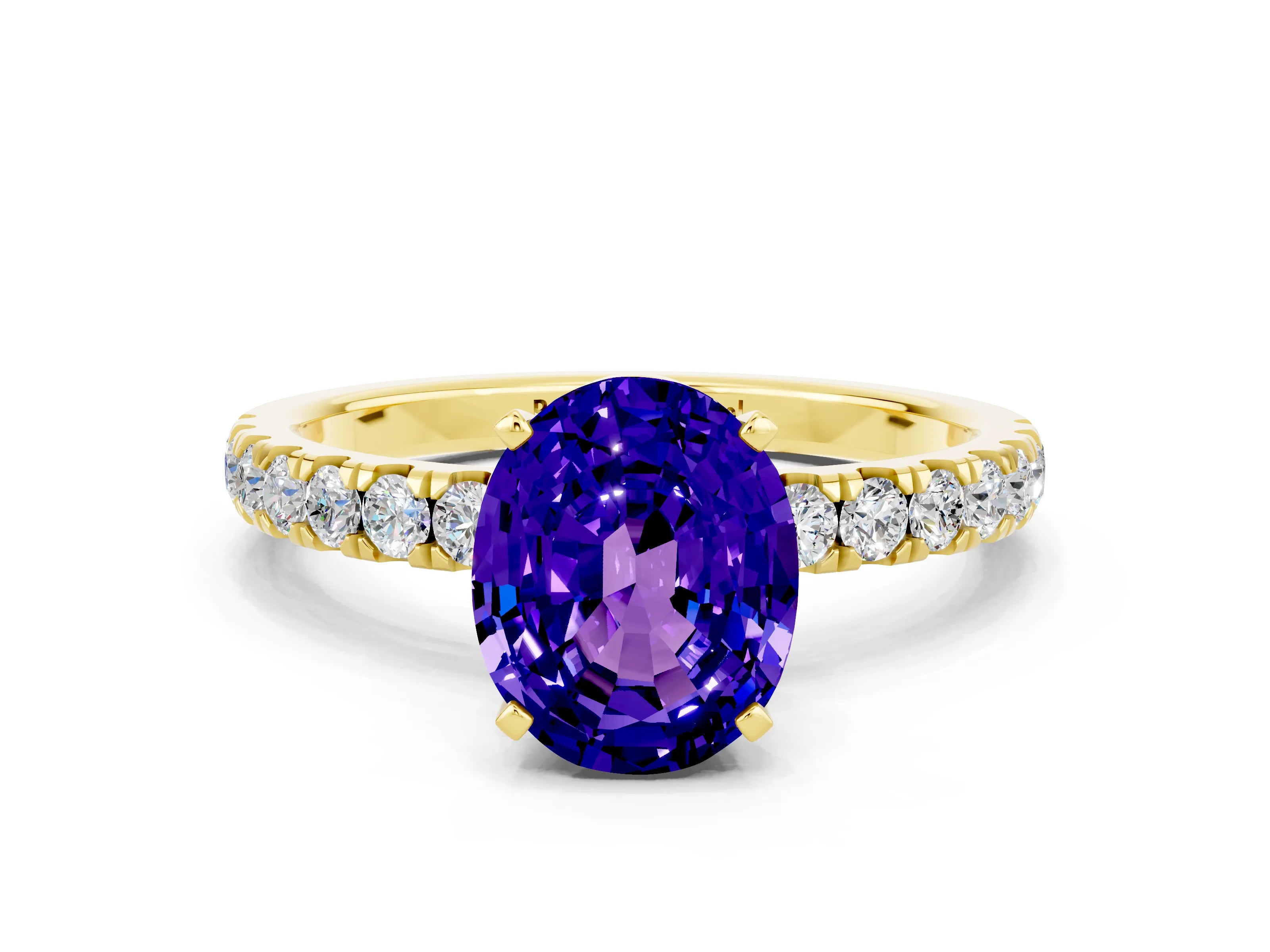 Yellow gold Oval Cut Tanzanite Solitaire Ring with Pavé Accents and Four-Prong Setting
