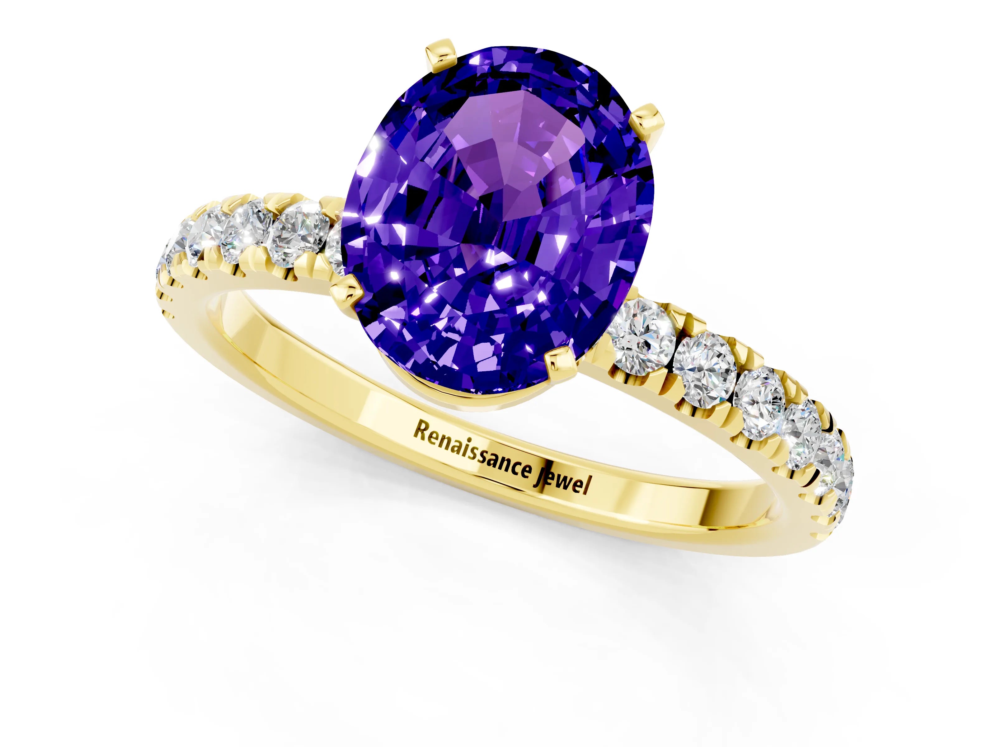 Yellow gold Oval Cut Tanzanite Solitaire Ring with Pavé Accents and Four-Prong Setting_1