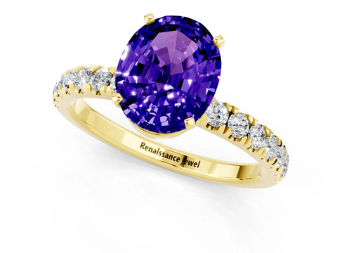 Yellow gold Oval Cut Tanzanite Solitaire Ring with Pavé Accents and Four-Prong Setting_1