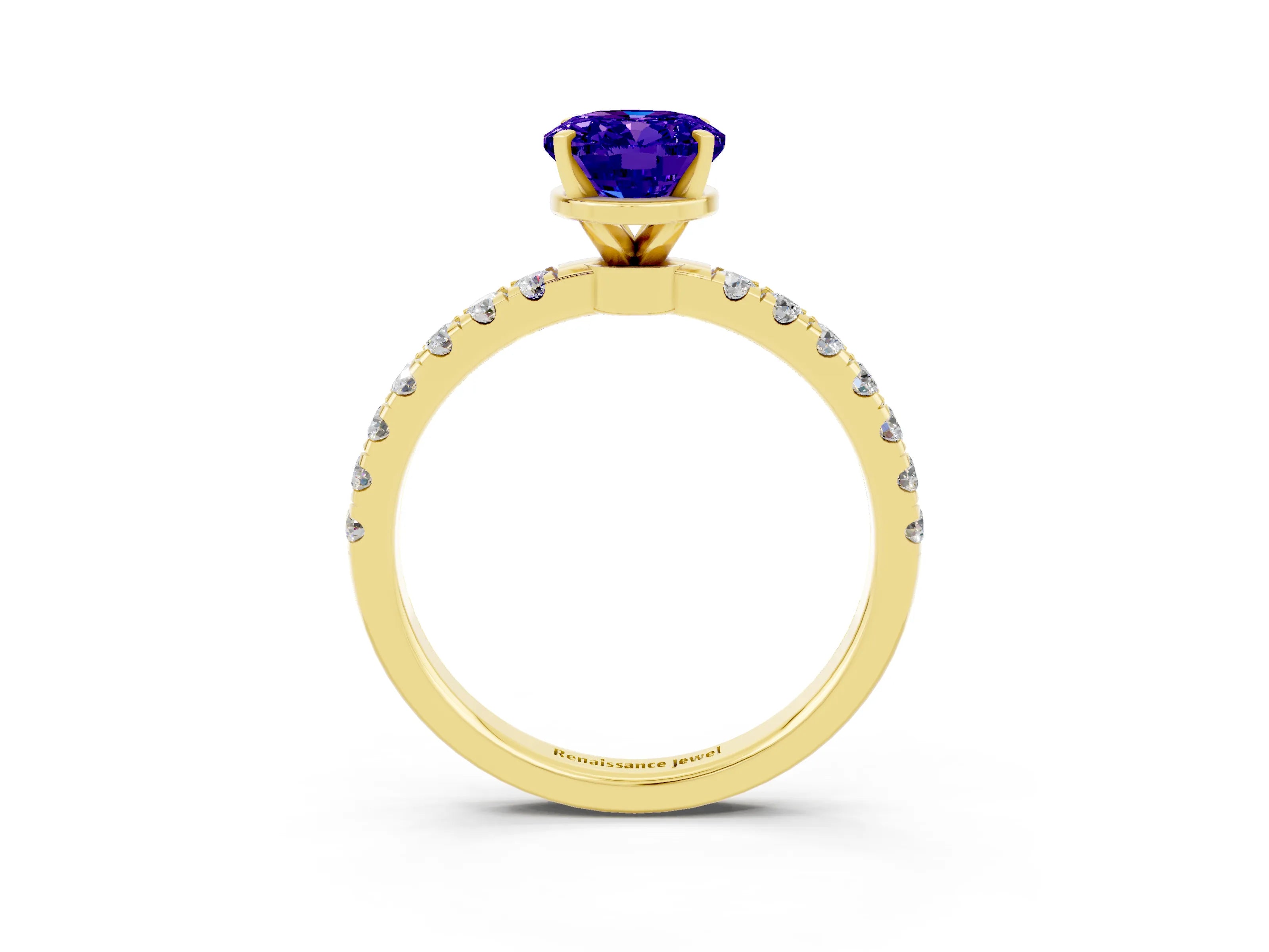 Yellow gold Oval Cut Tanzanite Solitaire Ring with Pavé Accents and Four-Prong Setting_3