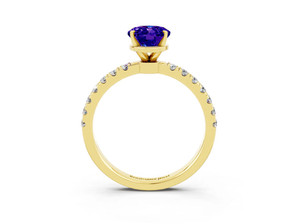 Yellow gold Oval Cut Tanzanite Solitaire Ring with Pavé Accents and Four-Prong Setting