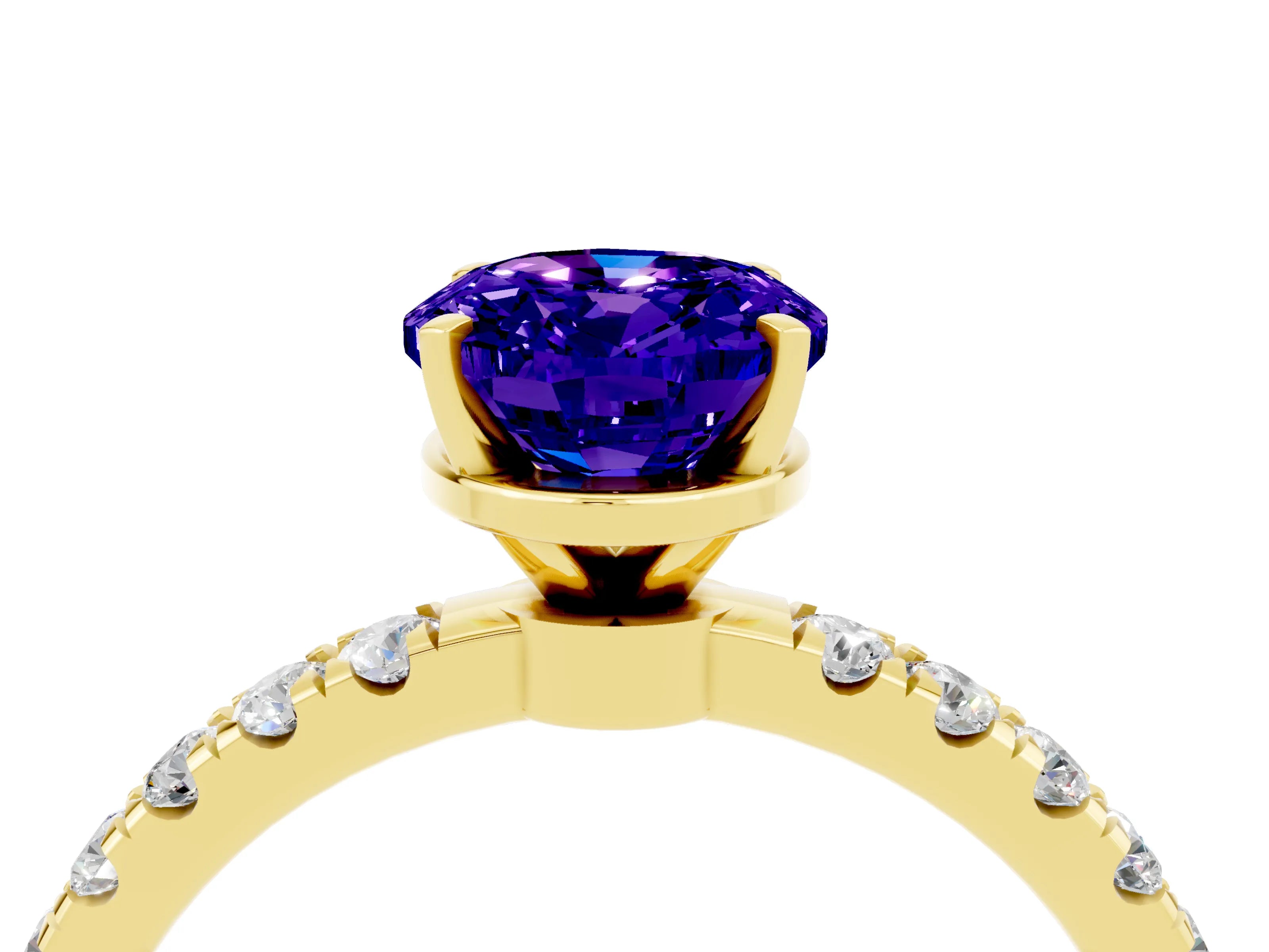 Yellow gold Oval Cut Tanzanite Solitaire Ring with Pavé Accents and Four-Prong Setting_4
