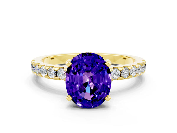 Yellow gold Oval Cut Tanzanite Solitaire Ring with Round  Pavé Band and Four-Prong Setting