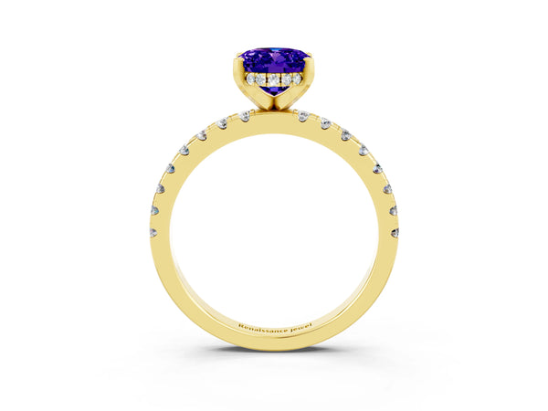 Yellow gold Oval Cut Tanzanite Solitaire Ring with Round  Pavé Band and Four-Prong Setting