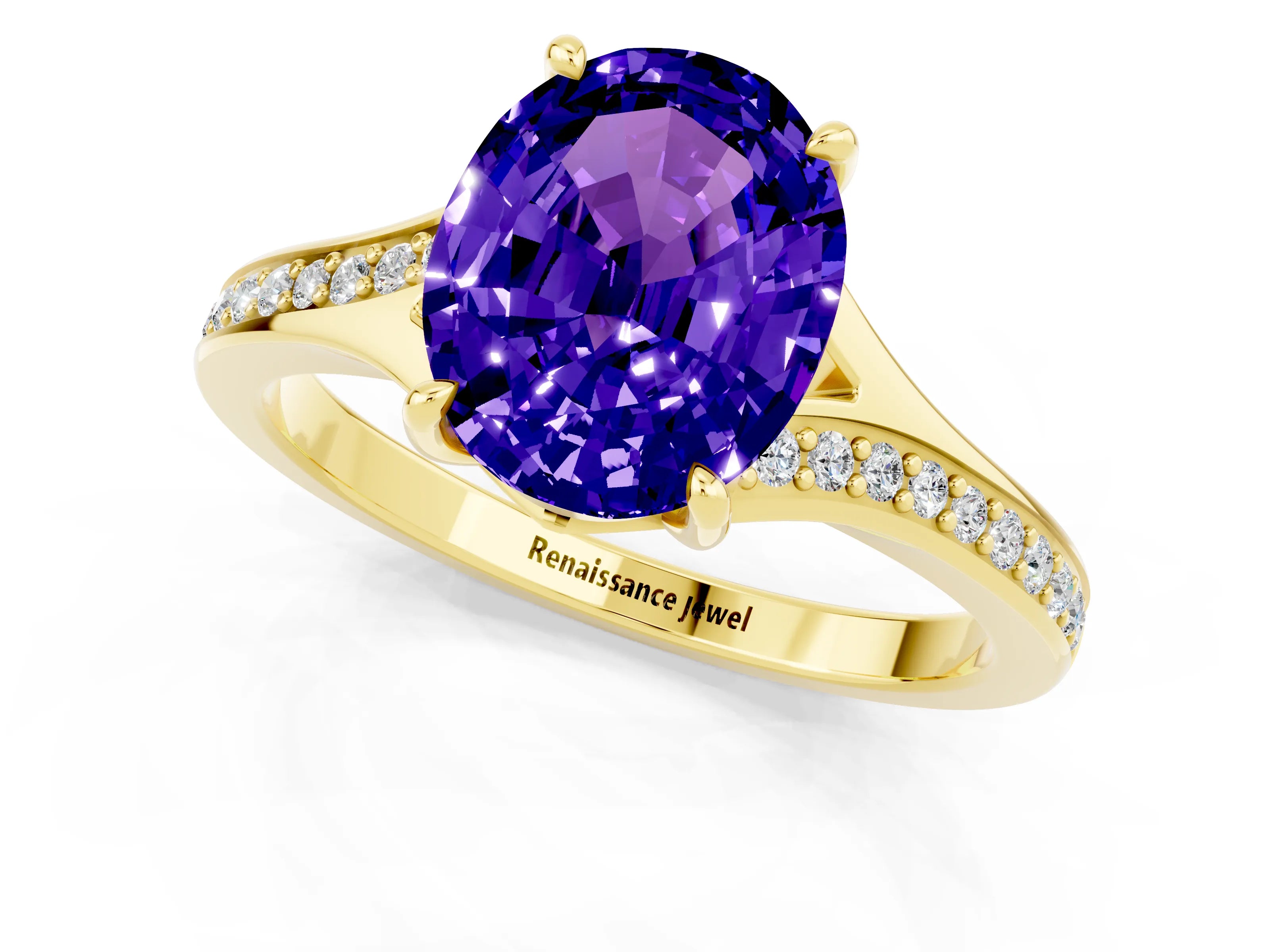 Yellow gold Oval Cut Tanzanite Solitaire Ring with Pavé Band and Prong Setting_13