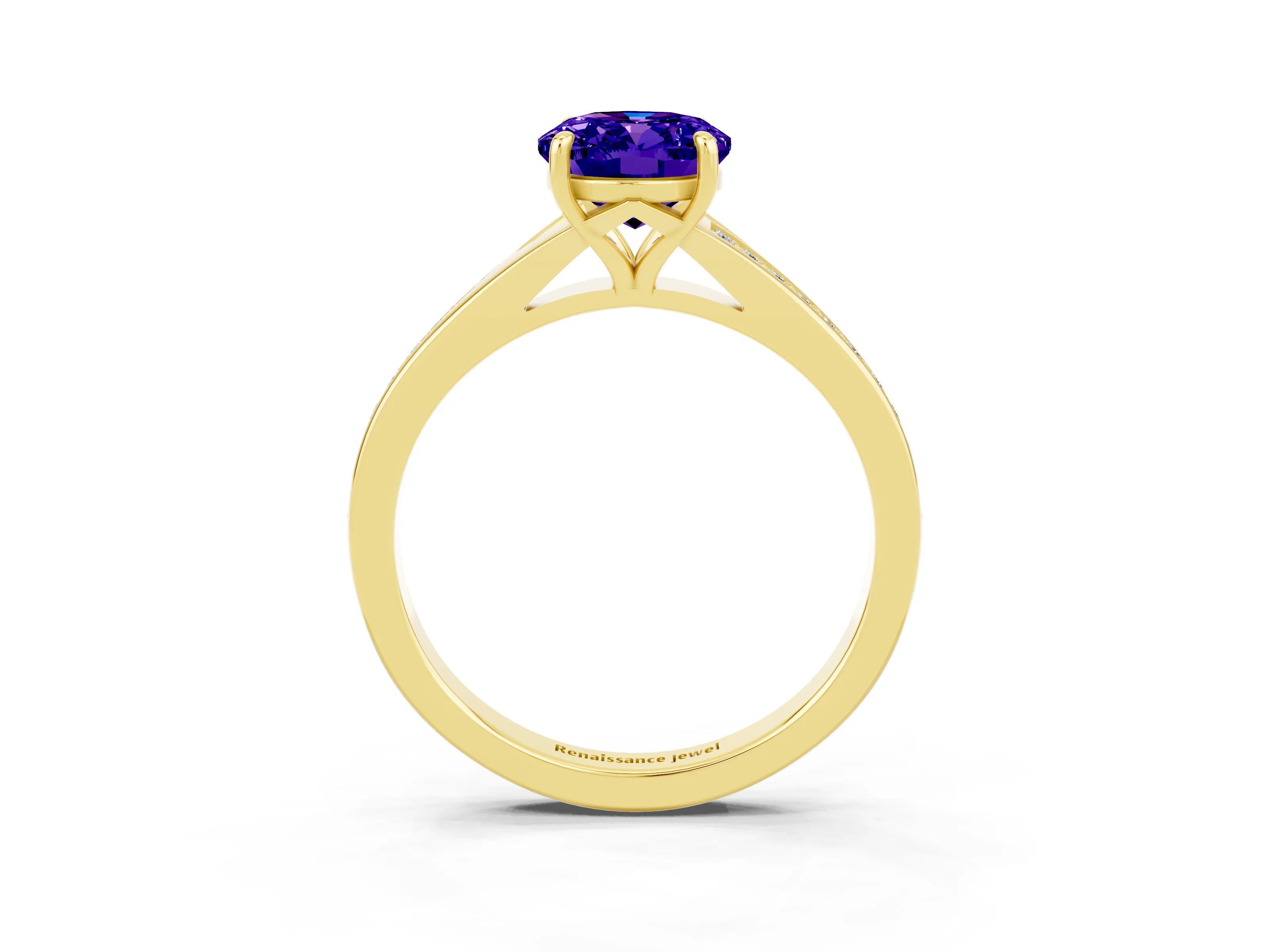 Yellow gold Oval Cut Tanzanite Solitaire Ring with Pavé Band and Prong Setting_15