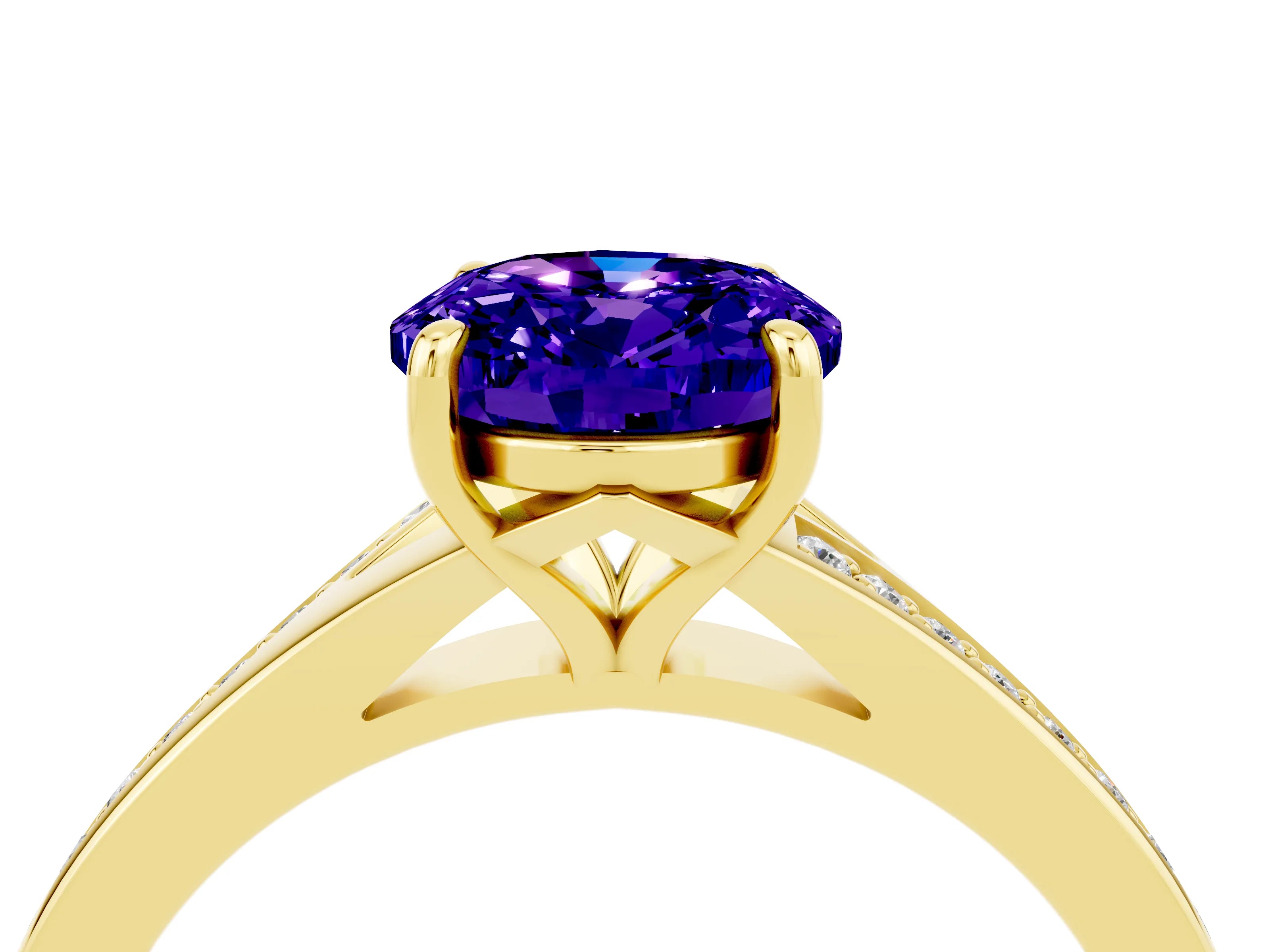 Yellow gold Oval Cut Tanzanite Solitaire Ring with Pavé Band and Prong Setting_16