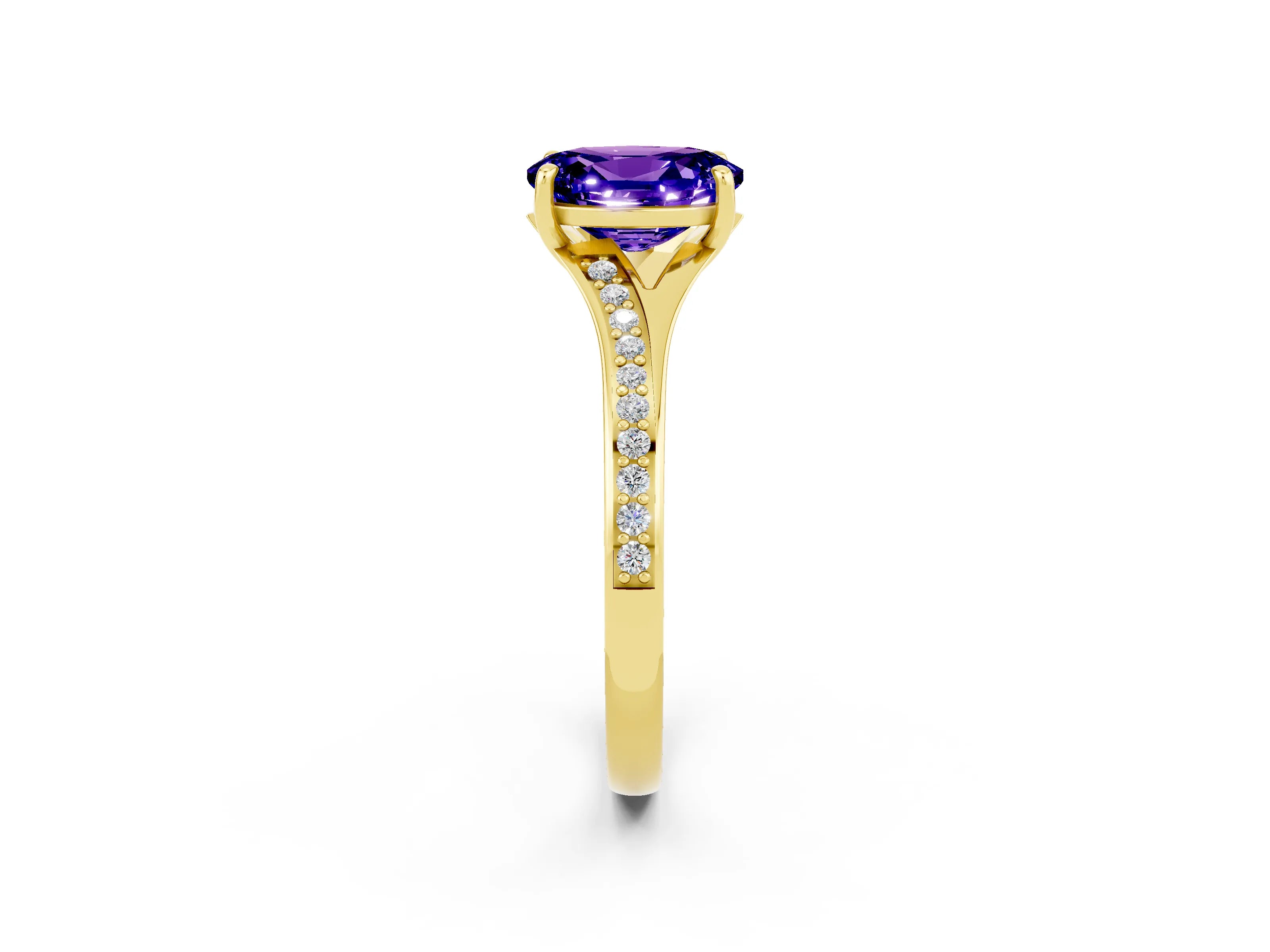 Yellow gold Oval Cut Tanzanite Solitaire Ring with Pavé Band and Prong Setting_2