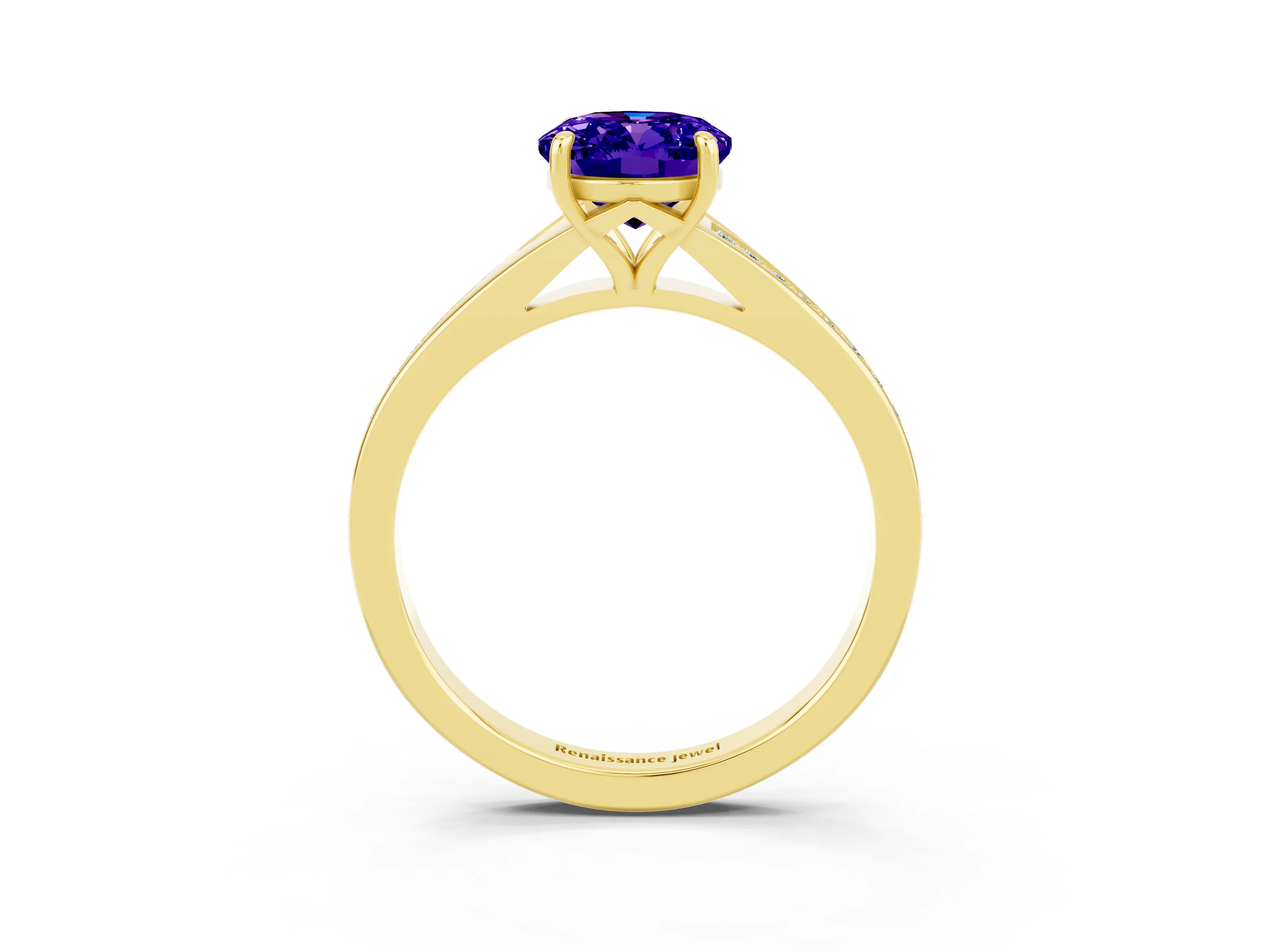 Yellow gold Oval Cut Tanzanite Solitaire Ring with Pavé Band and Prong Setting_3