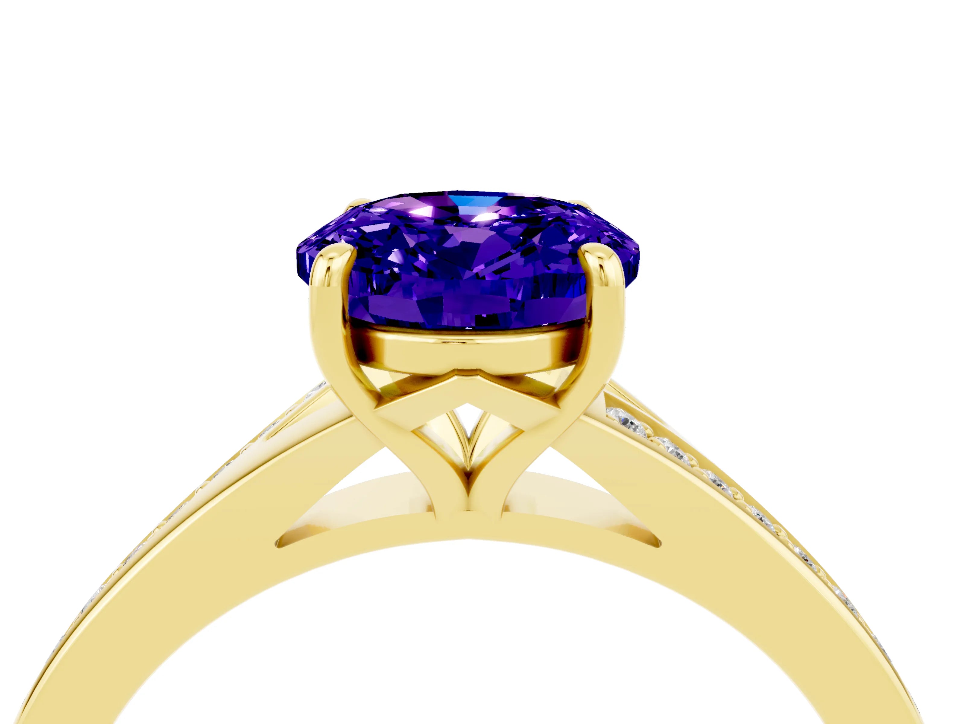 Yellow gold Oval Cut Tanzanite Solitaire Ring with Pavé Band and Prong Setting_4