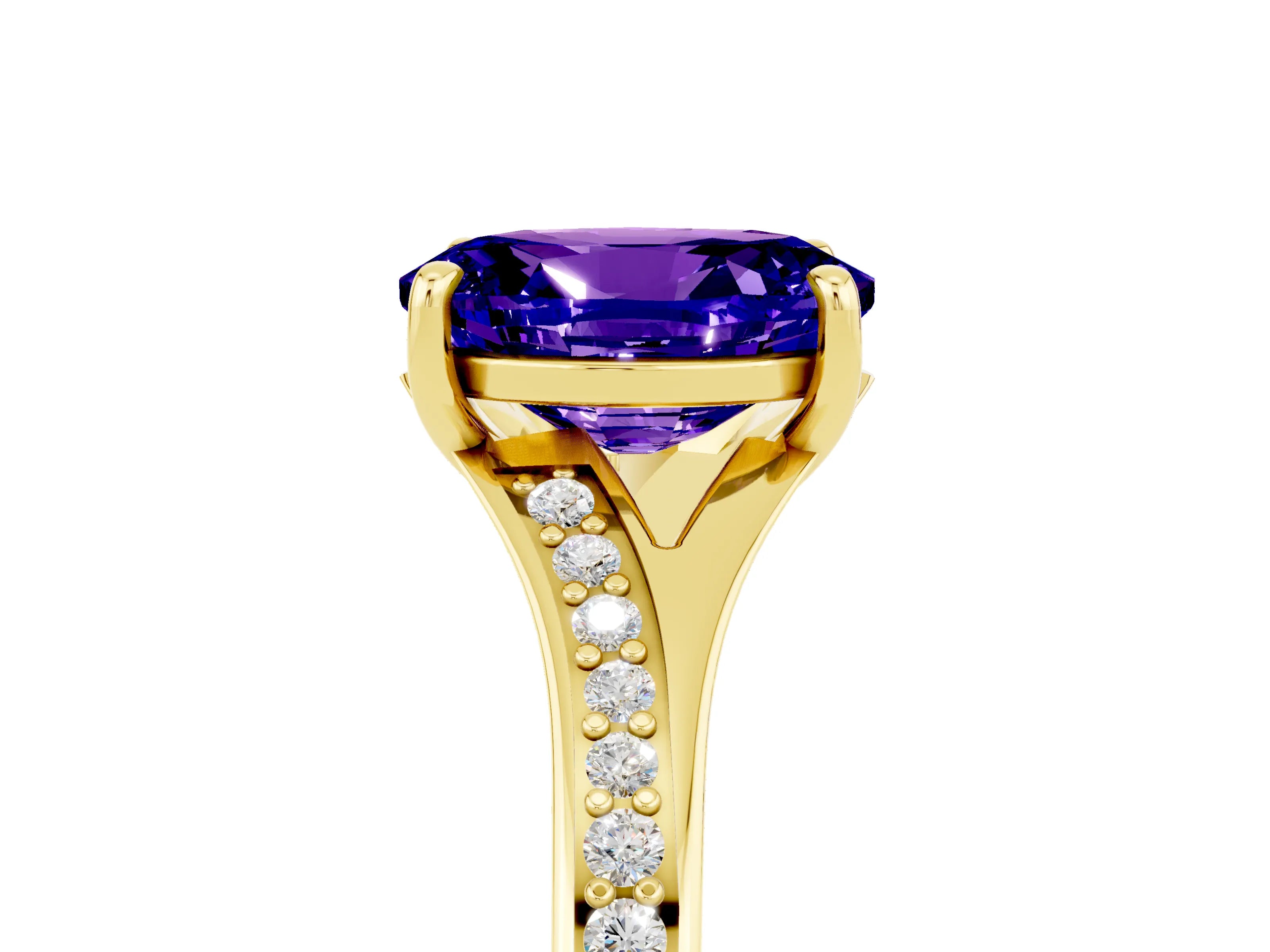 Yellow gold Oval Cut Tanzanite Solitaire Ring with Pavé Band and Prong Setting_5