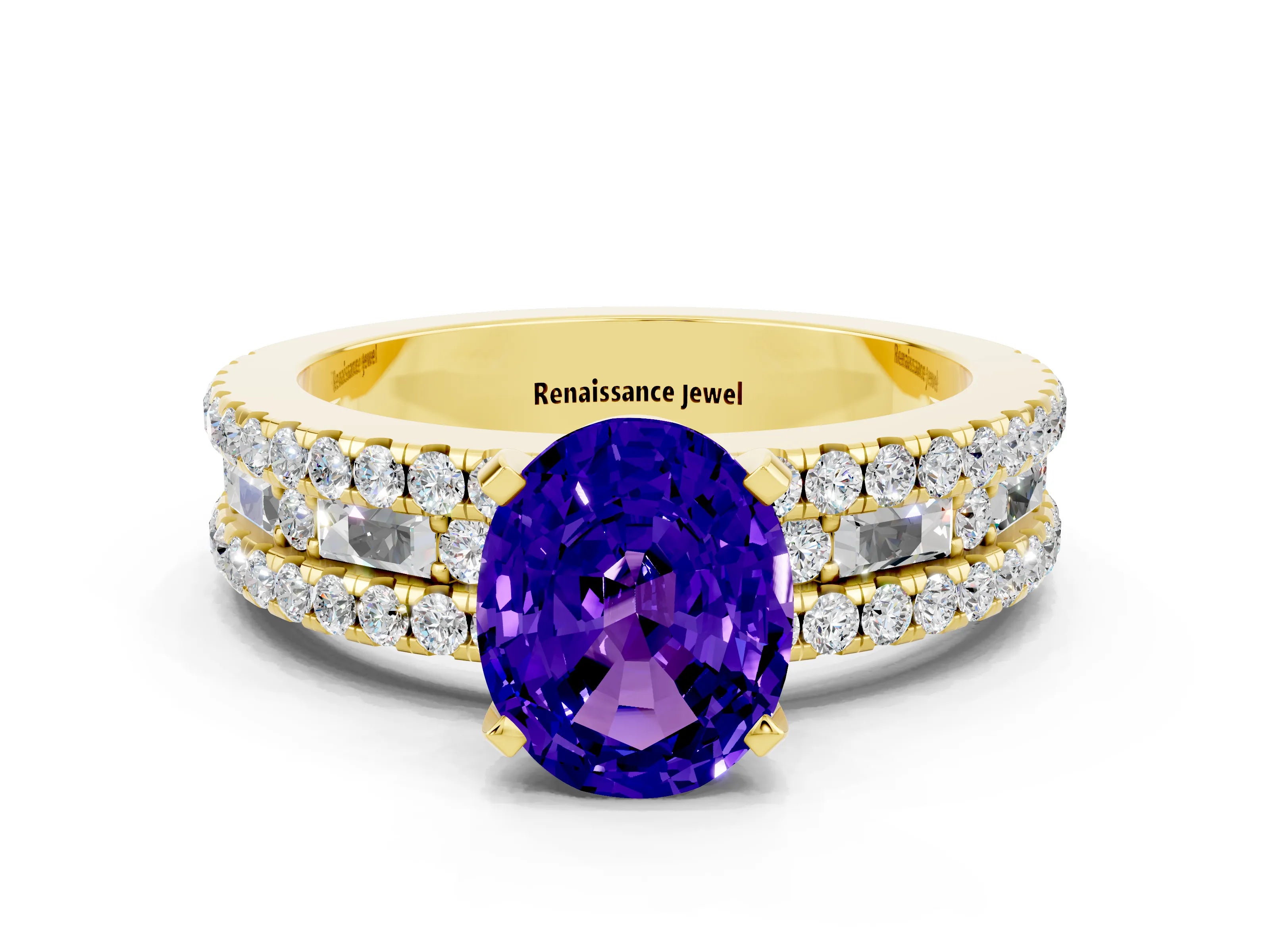 Yellow gold Oval Cut Tanzanite Solitaire Ring with Pavé and Channel Set Band